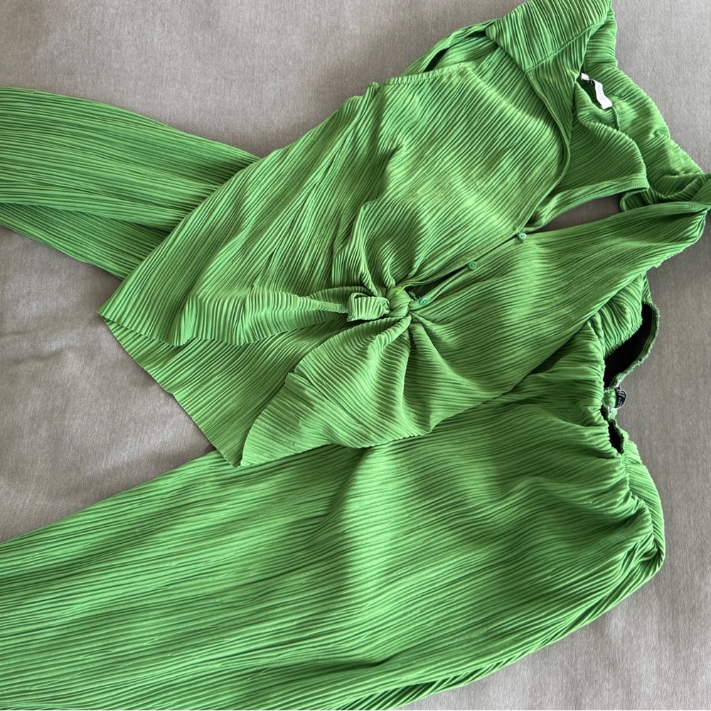 Zara Green Pleated Jumpsuit with Ruffled Neckline
